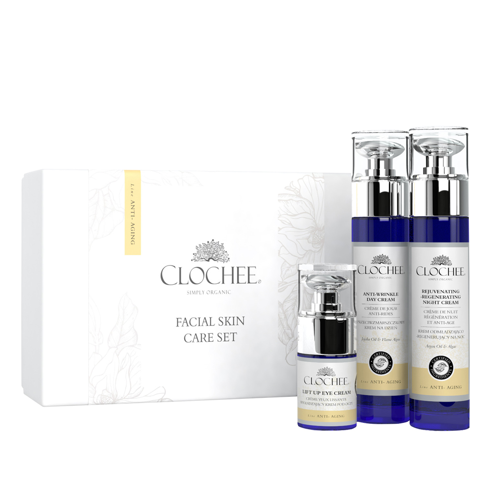 Clochee сет за нега на кожа: Anti-wrinkle Day Cream дневна крема против брчки 50мл + Rejuvenating and regenerating night cream подмладувачка и регенерирачка ноќна крема 50мл + Lift Up измазнувачка крема за околу очи 15мл 1