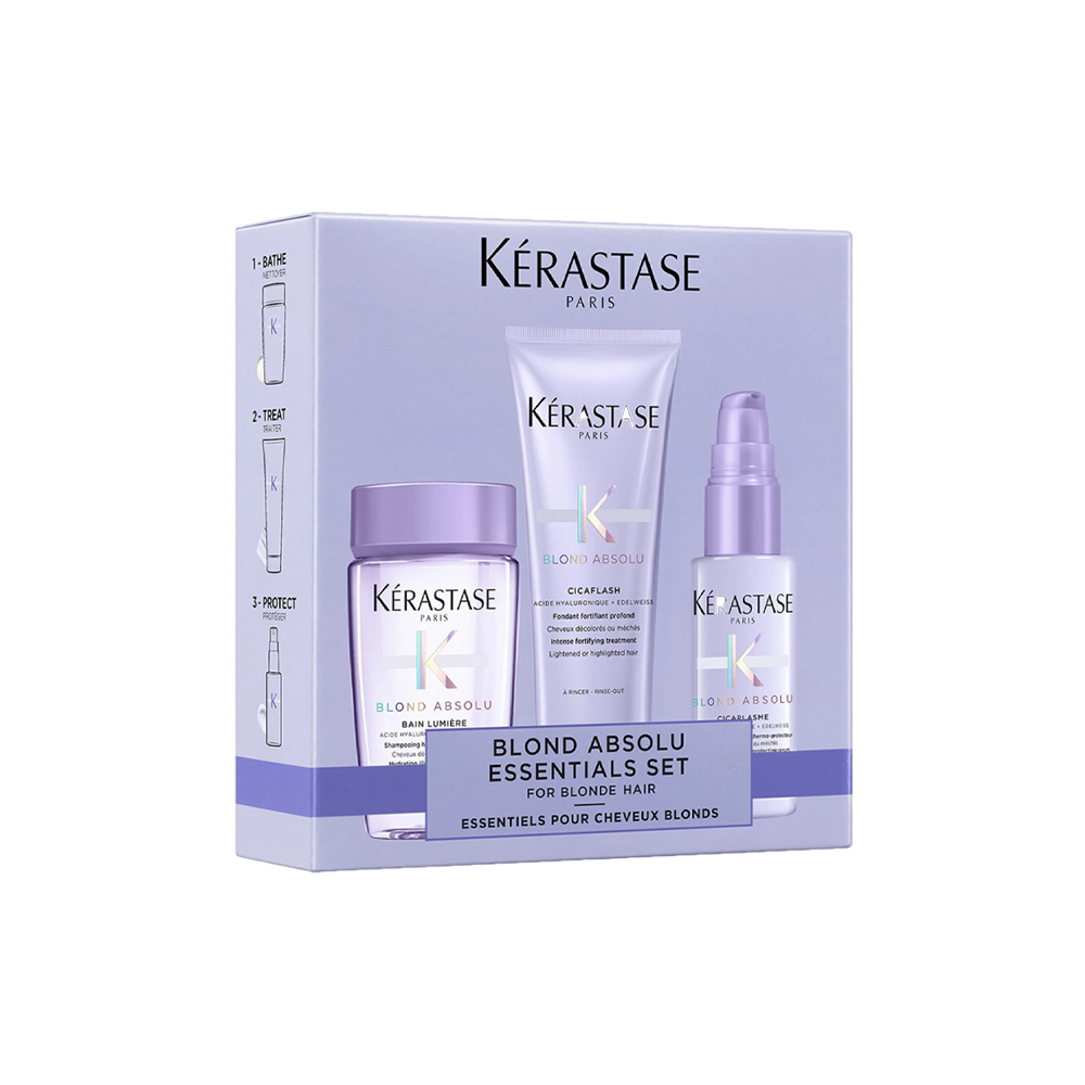 Kérastase Blond Absolu Essentials сет за нега на сите типови руса коса: Blond Absolu Bain Lumière хидрирачки шампон за нега на сите типови руса коса 80ml + Blond Absolu Cicaplasme крема со термо заштита 45ml Blond Absolu Cicaflash интензивен зацврстувачки балсам 75ml + 3