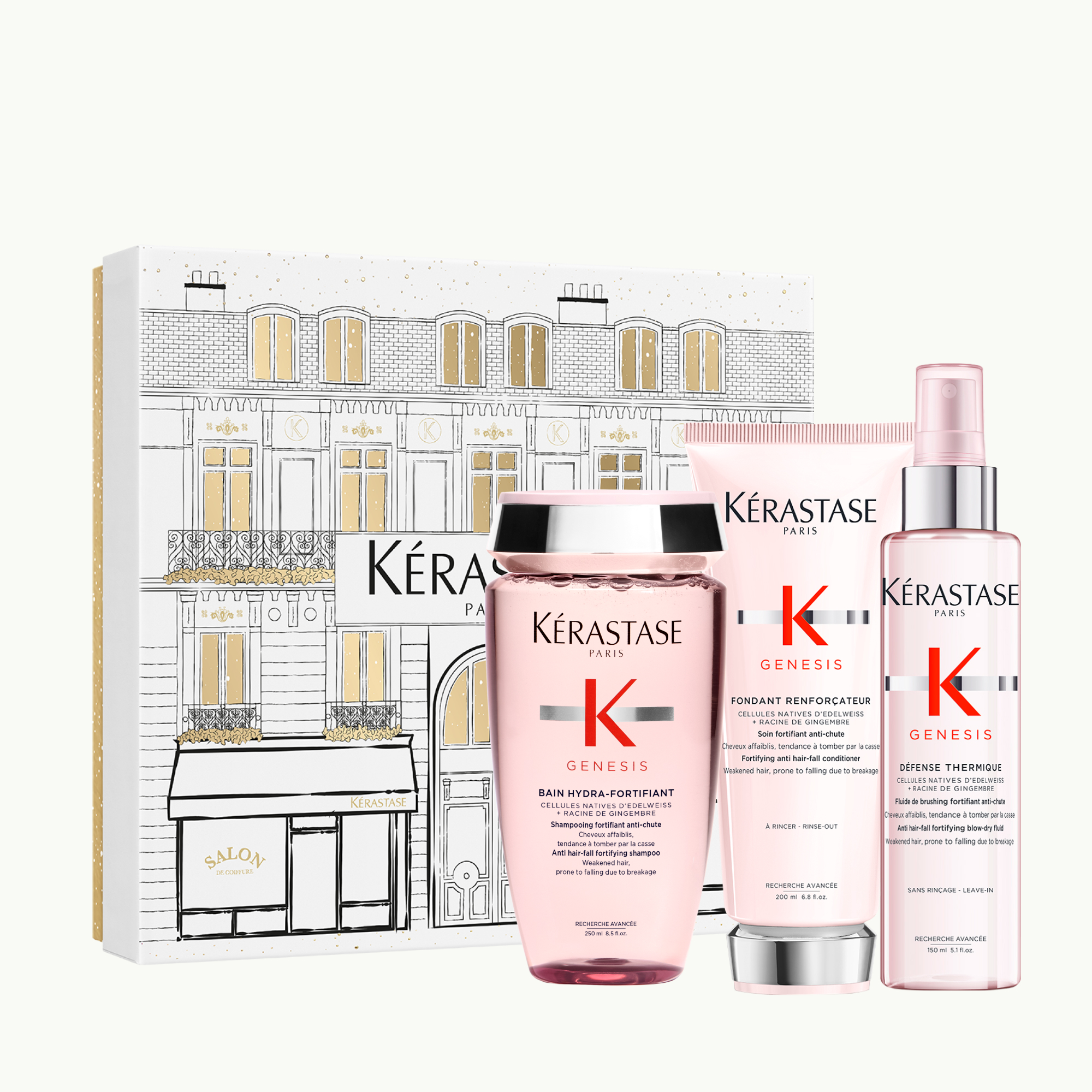 Kérastase Genesis Bain Hydra-Fortifiant зацврстувачки шампон за нормална до масна слаба коса склона кон опаѓање 250ml + Fondant Renforçateur зацврстувачки балсам 200ml + Défense Thermique спреј со термо заштита за слаба коса склона кон опаѓање 150ml 3