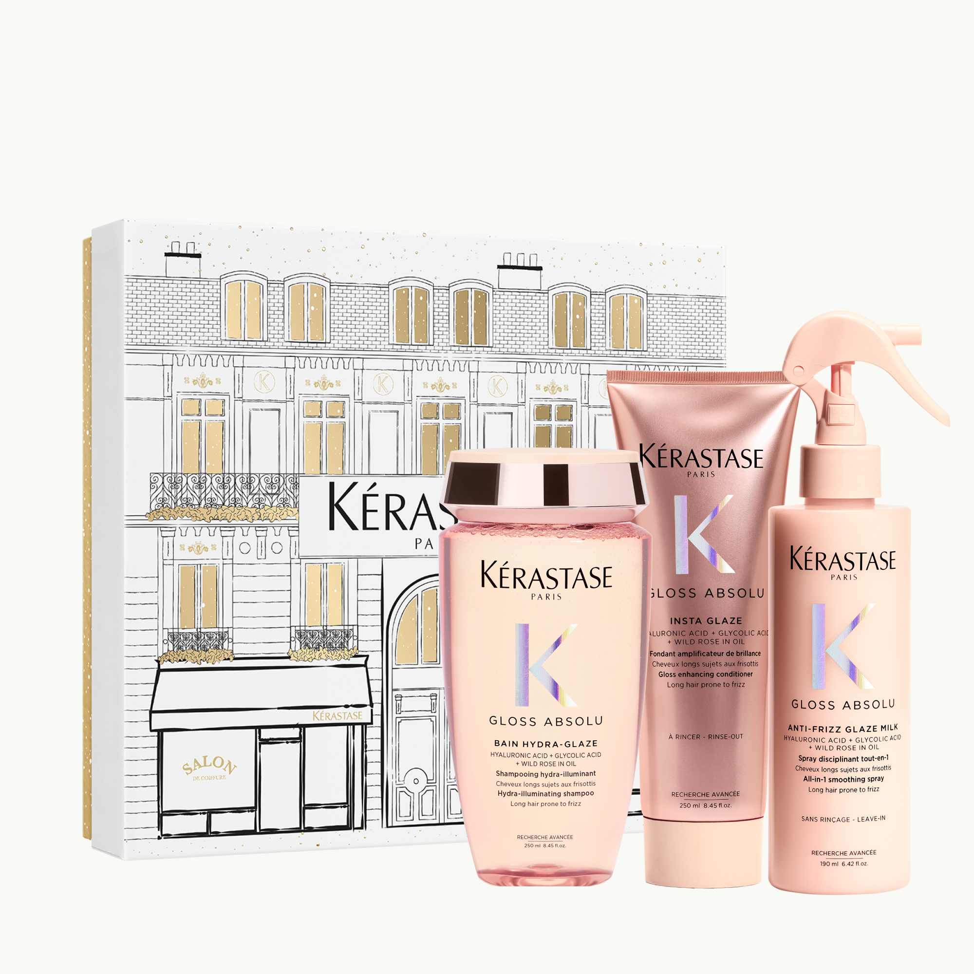 Kérastase Gloss Absolu Bain Hydra-Glaze хидрирачки осветлувачки шампон за долга коса склона кон frizz 250ml + Gloss Absolu Insta Glaze балсам за поттикнување сјај на долга коса склона кон frizz 250ml + Gloss Absolu Anti-Frizz Glaze Milk млеко во спреј за поттикнување сјај на долга коса склона кон frizz 190ml 3