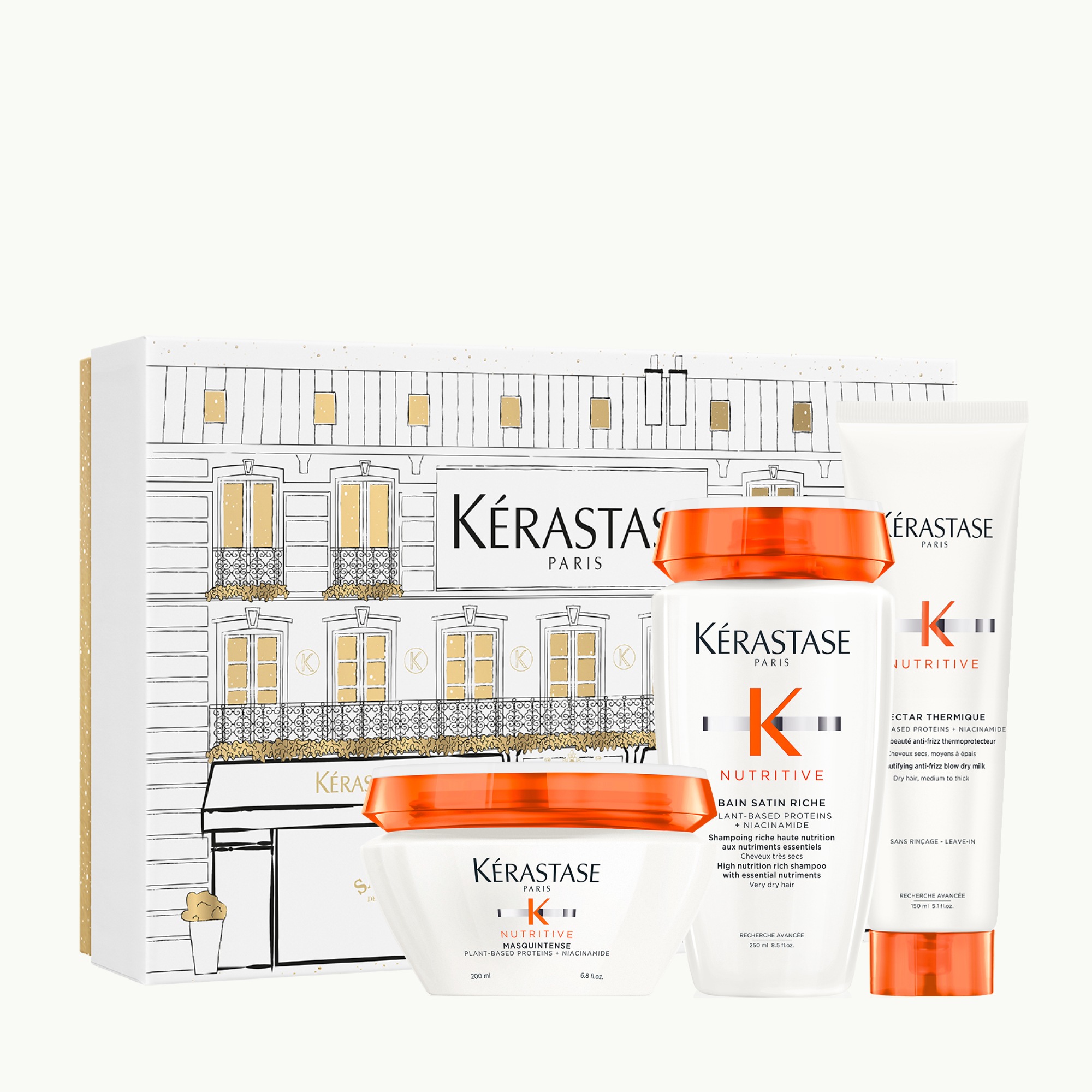 Kérastase Nutritive Bain Satin Riche високонутритивен богат шампон со есенцијални нутриенти за многу сува коса 250ml + Nutritive Masquintense маска за многу суво тенко до средно влакно 200ml + Nutritive Nectar Thermique разубавувачко anti-frizz млеко за суво средно до дебело влакно 150ml 3