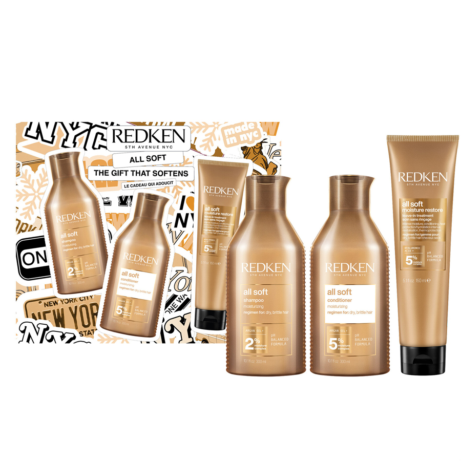 Redken NYC All Soft шампон за нега на сува коса 300ml + All Soft балсам за нега на сува коса 300ml + ll Soft Moisture Restore третман без одмивање за нега на сува коса 250ml 2 Redken NYC All Soft шампон за нега на сува коса 300ml + All Soft балсам за нега на сува коса 300ml + ll Soft Moisture Restore третман без одмивање за нега на сува коса 250ml 1