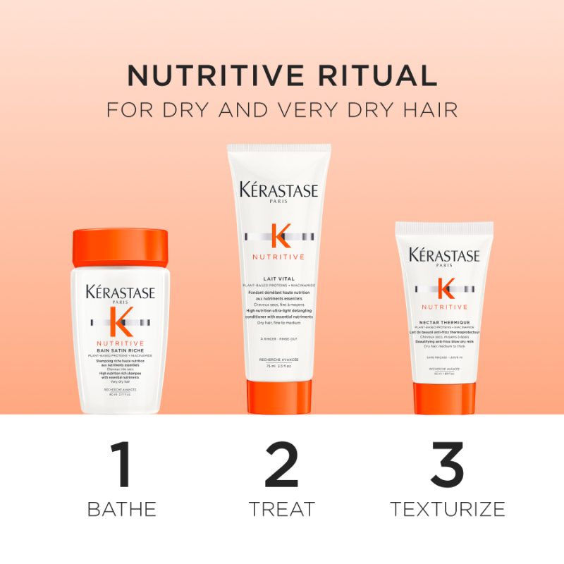 Kérastase Nutritive Essentials сет за нега на сите типови сува коса: Bain Satin Riche високонутритивен шампон со есенцијални нутриенти за многу сува коса 80ml + Lait Vital високонутритивен ултра-лесен балсам 75ml + Nutritive Nectar Thermique разубавувачко anti-frizz млеко за суво средно до дебело влакно 50ml 3 Kérastase Nutritive Essentials сет за нега на сите типови сува коса: Bain Satin Riche високонутритивен шампон со есенцијални нутриенти за многу сува коса 80ml + Lait Vital високонутритивен ултра-лесен балсам 75ml + Nutritive Nectar Thermique разубавувачко anti-frizz млеко за суво средно до дебело влакно 50ml 2