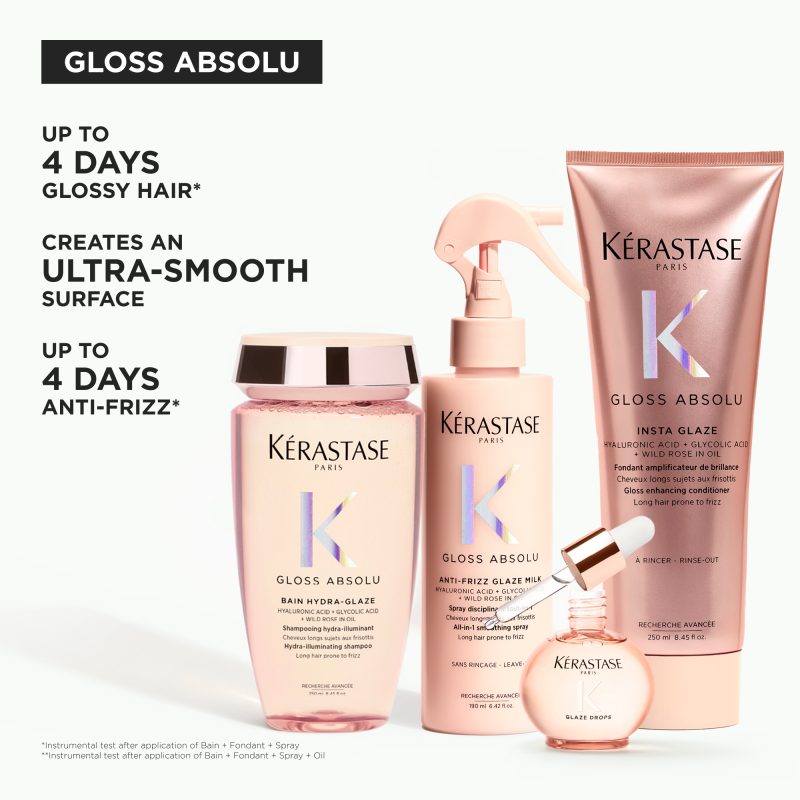 Kérastase Gloss Absolu Discovery сет: Bain Hydra-Glaze хидрирачки осветлувачки шампон за долга коса склона кон frizz 80ml + Gloss Absolu Insta Glaze балсам за поттикнување сјај на долга коса склона кон frizz 45ml + Gloss Absolu Anti-Frizz Glaze Milk млеко во спреј за поттикнување сјај на долга коса склона кон frizz 75ml 16