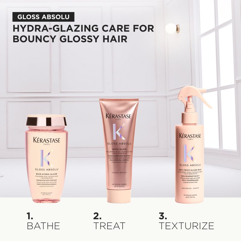 Kérastase Gloss Absolu Discovery сет: Bain Hydra-Glaze хидрирачки осветлувачки шампон за долга коса склона кон frizz 80ml + Gloss Absolu Insta Glaze балсам за поттикнување сјај на долга коса склона кон frizz 45ml + Gloss Absolu Anti-Frizz Glaze Milk млеко во спреј за поттикнување сјај на долга коса склона кон frizz 75ml 4