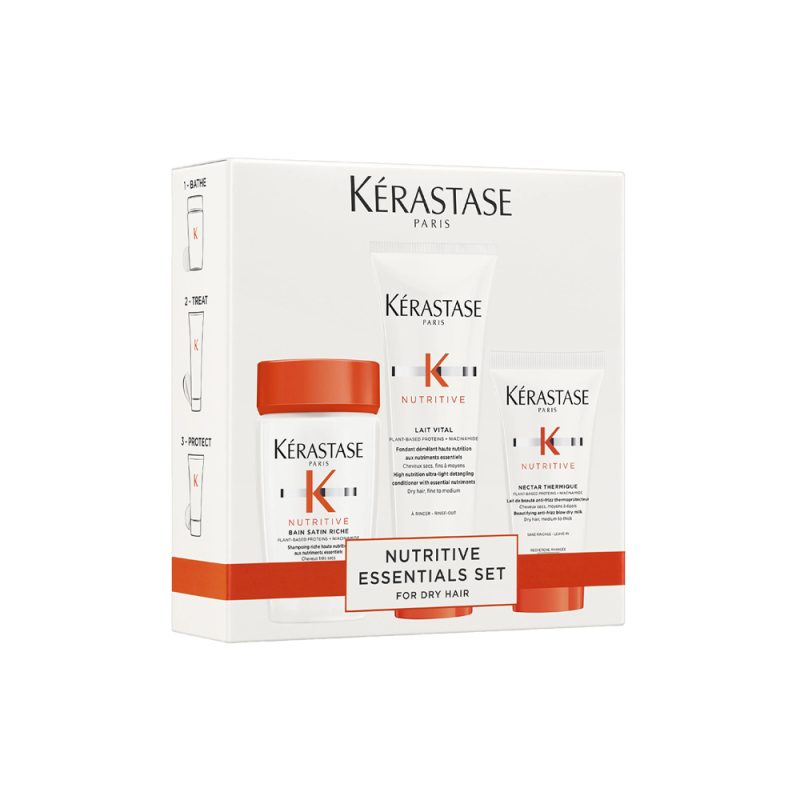 Kerastase-Nutritive-set Kérastase Nutritive Essentials сет за нега на сите типови сува коса: Bain Satin Riche високонутритивен шампон со есенцијални нутриенти за многу сува коса 80ml + Lait Vital високонутритивен ултра-лесен балсам 75ml + Nutritive Nectar Thermique разубавувачко anti-frizz млеко за суво средно до дебело влакно 50ml 1
