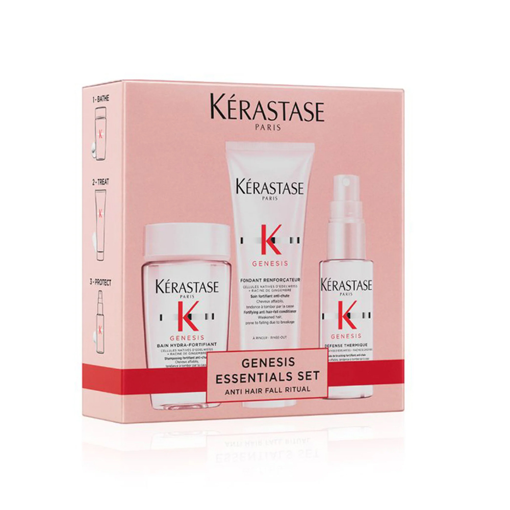 Kérastase Genesis Essential Set: Genesis Bain Hydra-Fortifiant зацврстувачки шампон за нормална до масна слаба коса склона кон опаѓање 80ml + Genesis Fondant Renforçateur зацврстувачки балсам за слаба коса склона кон опаѓање 75ml + Genesis Défense Thermique спреј со термо заштита за слаба коса склона кон опаѓање 45ml 1