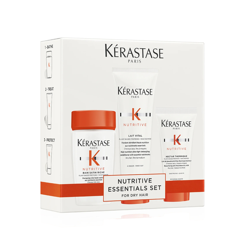 Kérastase Nutritive Discovery Set: Nutritive Bain Satin Riche високонутритивен богат шампон со есенцијални нутриенти за многу сува коса 80ml + Nutritive Lait Vital високонутритивен ултра-лесен балсам со есенцијални нутриенти за суво тенко до средно влакно 75ml + Nutritive Nectar Thermique разубавувачко anti-frizz млеко за суво средно до дебело влакно 45ml 2 Kérastase Nutritive Discovery Set: Nutritive Bain Satin Riche високонутритивен богат шампон со есенцијални нутриенти за многу сува коса 80ml + Nutritive Lait Vital високонутритивен ултра-лесен балсам со есенцијални нутриенти за суво тенко до средно влакно 75ml + Nutritive Nectar Thermique разубавувачко anti-frizz млеко за суво средно до дебело влакно 45ml 1