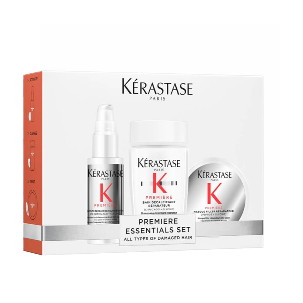 Kérastase Première Essentials Set: Première Bain Décalcifiant Réparateur декалцифицирачки шампон за обнова на сите типови оштетена коса 80ml + Première Concentré Décalcifiant Ultra-Réparateur декалцифицирачки третман пред шампонирање за обнова на сите типови оштетена коса 45ml + Première Masque Filler Réparateur декалцифицирачкa маска за обнова на сите типови оштетена коса 75ml 1