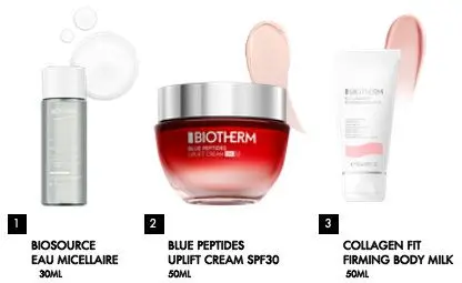 Biotherm Blue Peptides Uplift SPF 30 Set: Blue Peptides Uplift SPF 30 Cream 50ml + Biosource Eau Micellaire 30ml + Collagen Fit Firming Body Milk 50ml 6